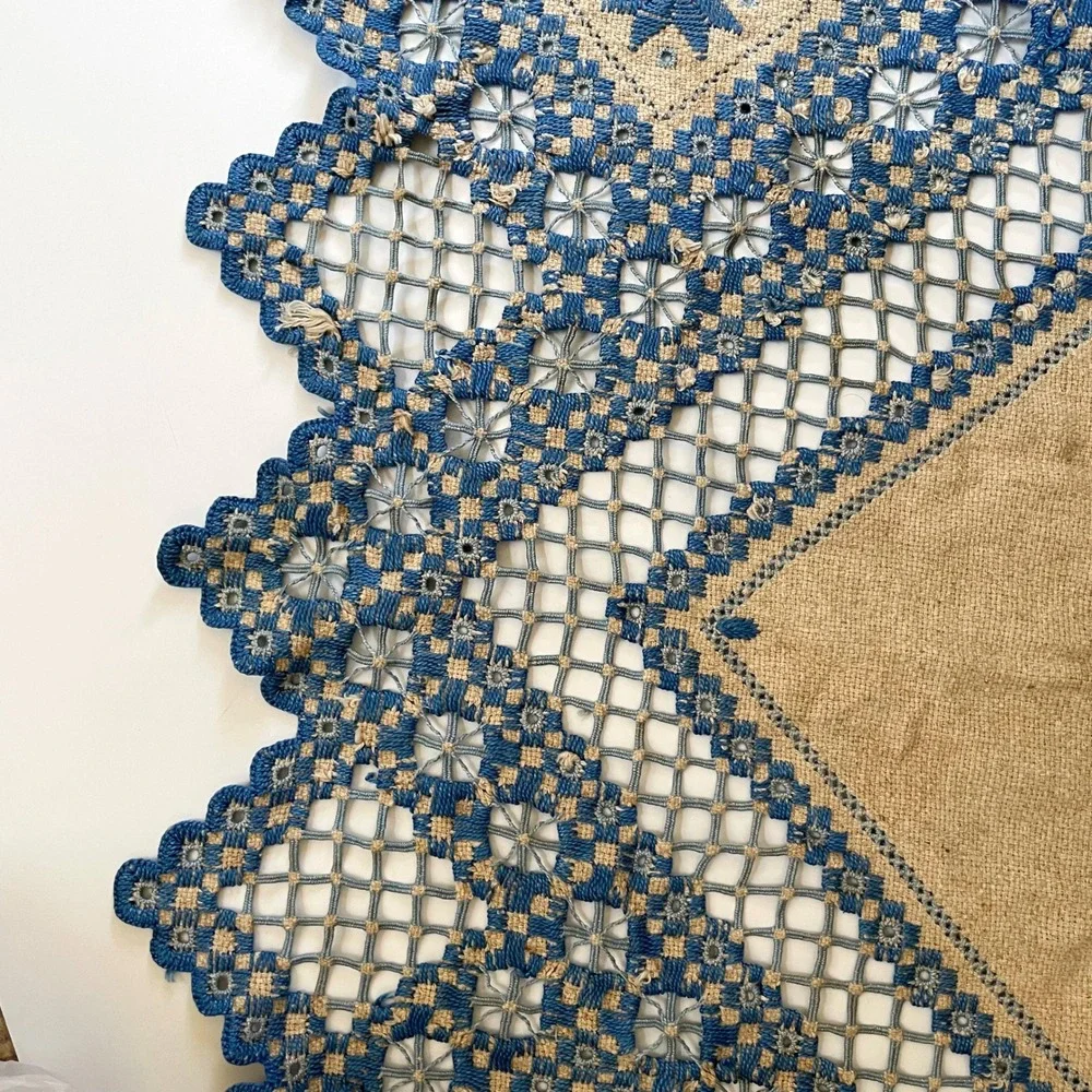 Antique Hand Embroidered Hardanger Lace Table Topper Doily Vintage Blue Natural